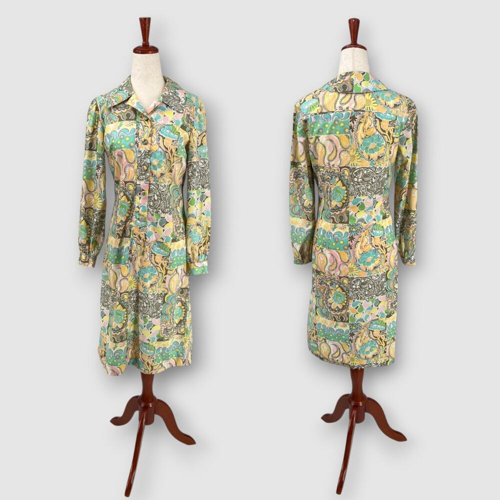 Vintage 60s 70s Psychedelic Patchwork Paisley Print Groovy Shirtdress
